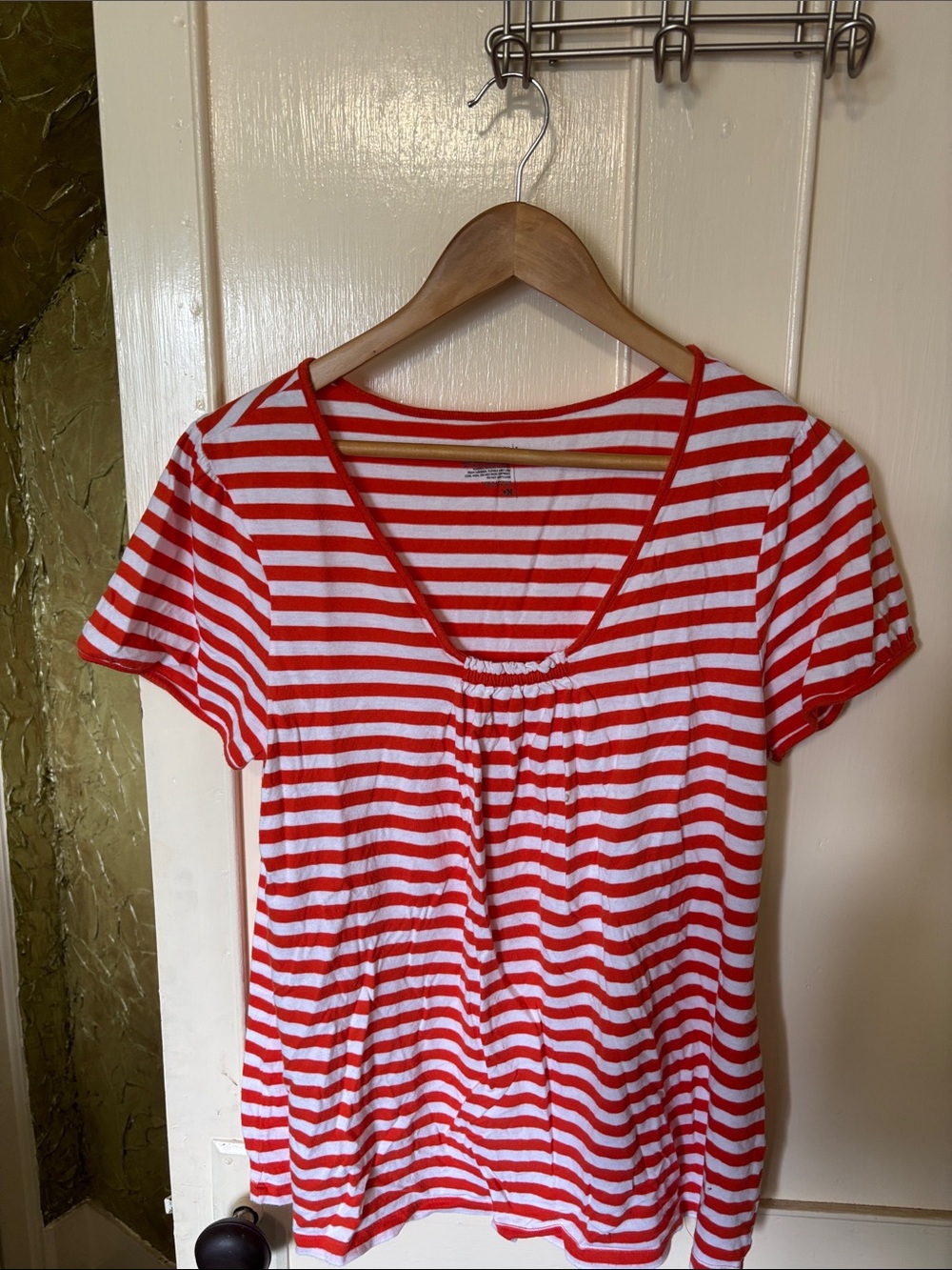 Old Navy Red and White Striped V-Neck Short Sleeve Top
